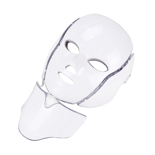 NuLifeBeauty 7-color LED light therapy face mask with its neck attachment