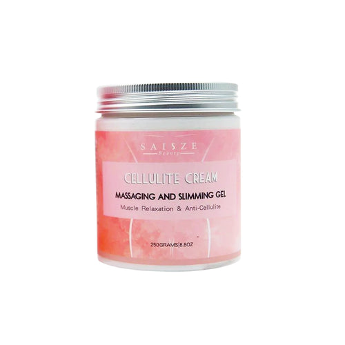 Jar of anti-cellulite cream with a pink label and silver screw lid, 250 grams (8.8 oz)